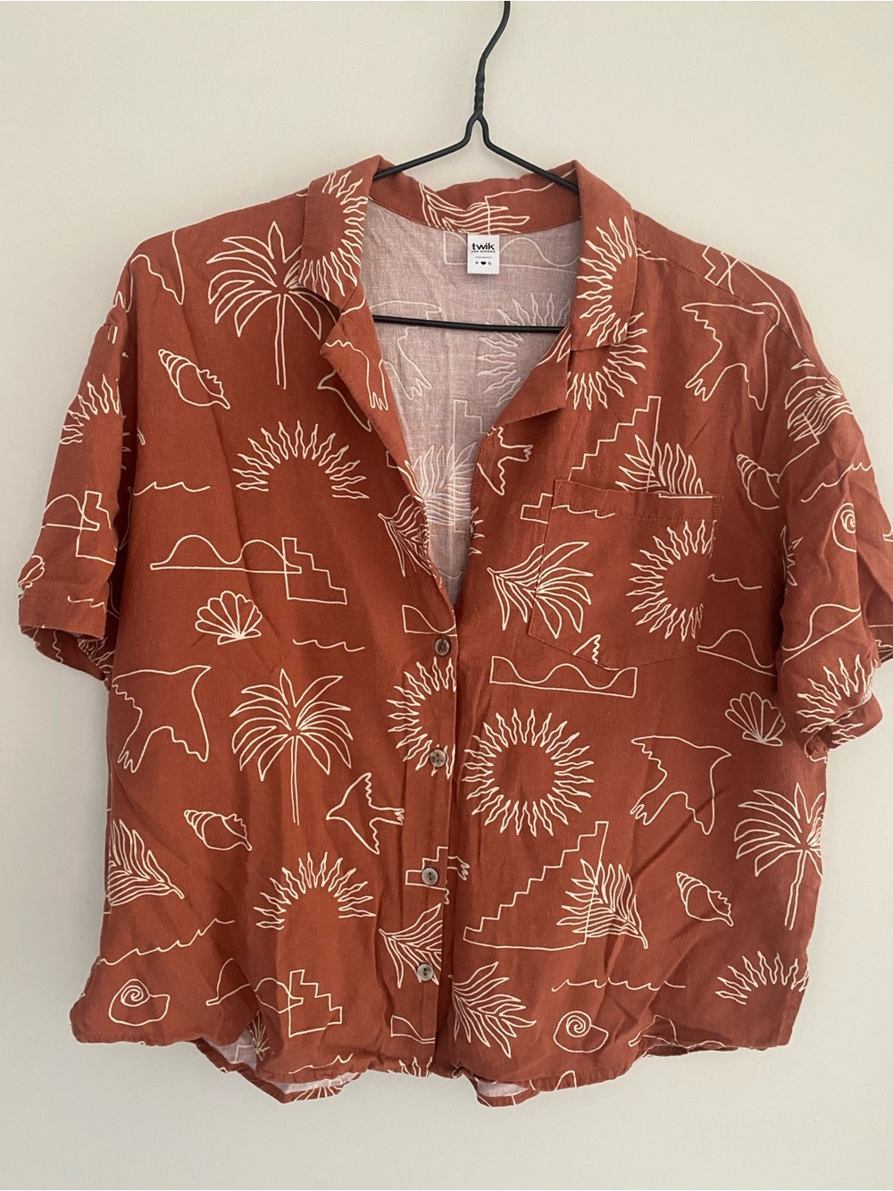 twik Rust Brown Short-Sleeve Tropical Print Camp Shirt
